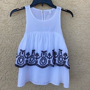 Abound White Ruffle Top with Black Embroidery